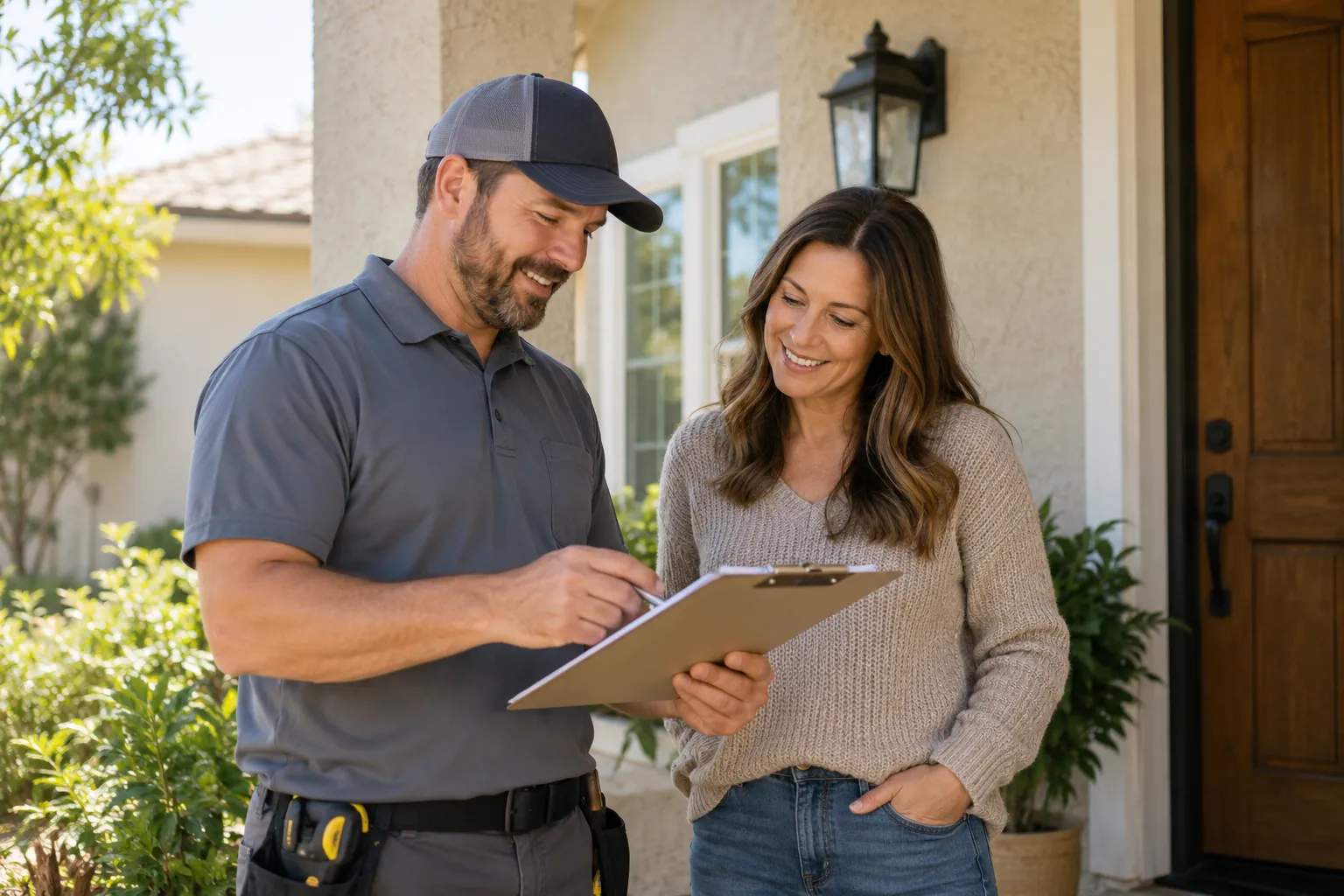 Smiling roofer holding a roofing hammer