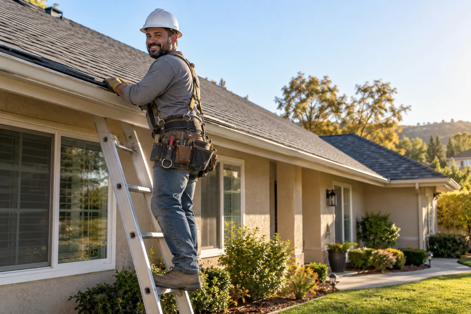 Roofer inspecting shingles on a family home in Vallejo